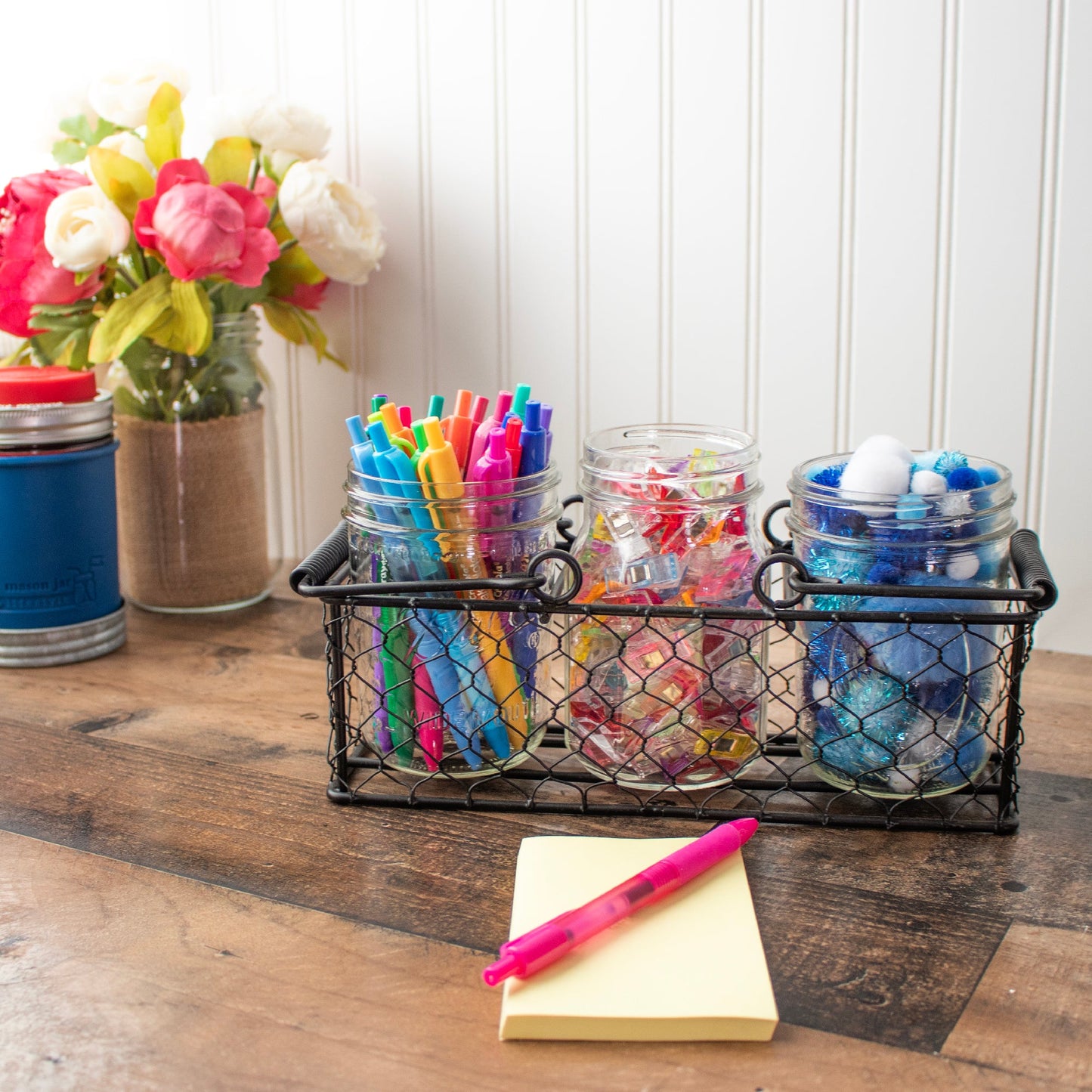 Chicken Wire Caddy for 3 Pint Mason Jars